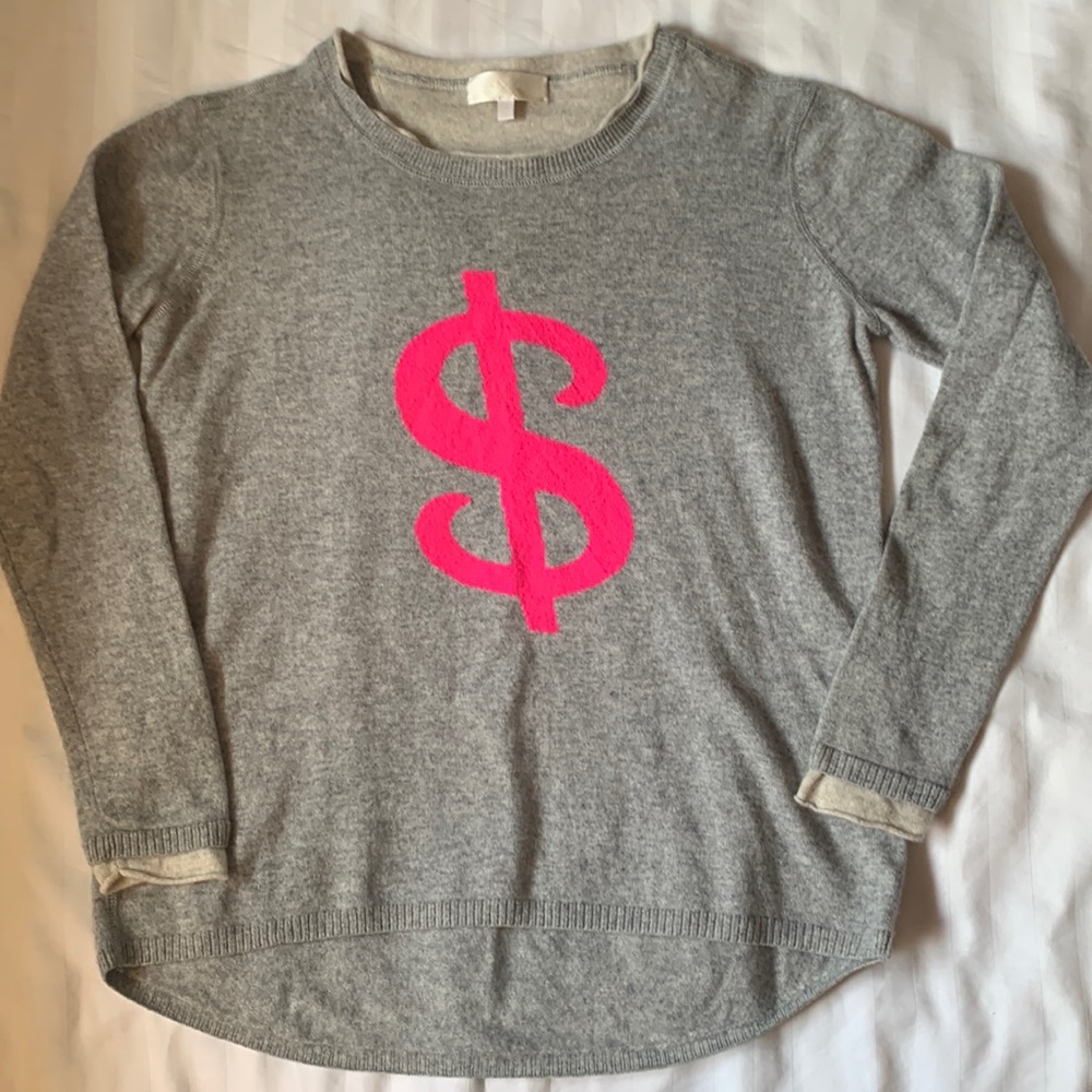Lisa Todd Miami grey 💯% cashmere crewneck sweater w pink dollar sign EUC